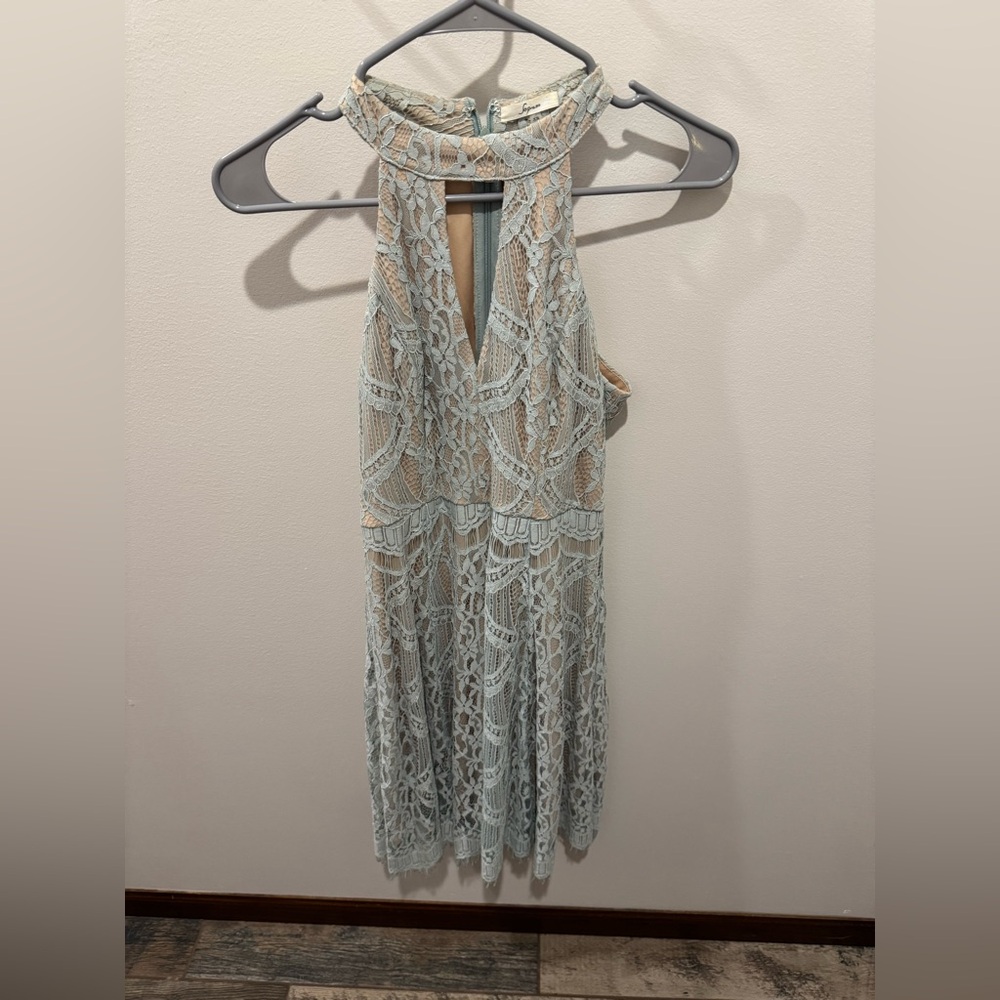 Elegant Lace Halter Dress in Light Blue